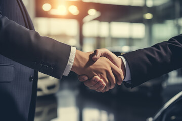 a car seller and buyer shaking hands after closing a deal - obrazy, fototapety, plakaty