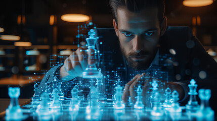 Business Strategy concept. A thoughtful business looking at chess pieces on a board. Thinking about business plan