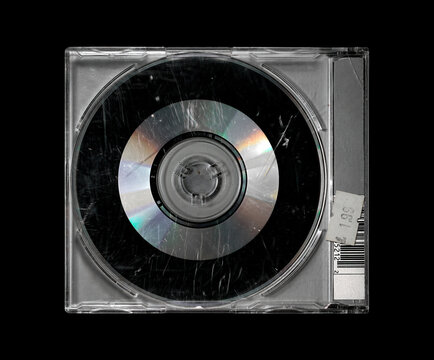 Jewel case full of scratches isolated on black. damaged music cd mockup.