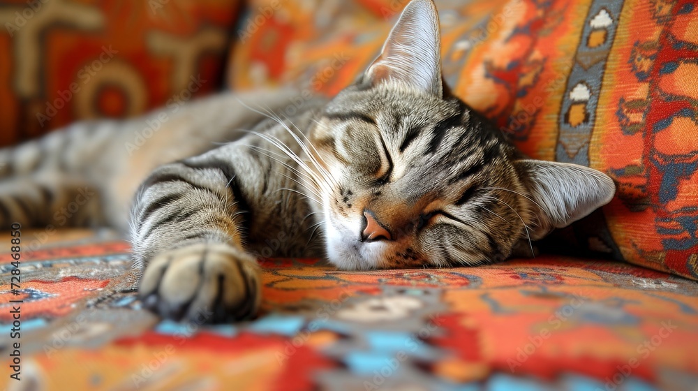 Aufkleber tranquil and adorable lazy cat peacefully napping on the comfortable couch in a cozy setting