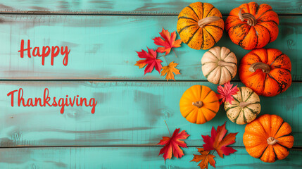 Thanksgiving Background: Top View of Vibrant Pumpkins, Yellow and Red Maple Leaves, Atop Mint-Colored Wooden Planks, Accompanied by the Festive Greeting 'Happy Thanksgiving Day