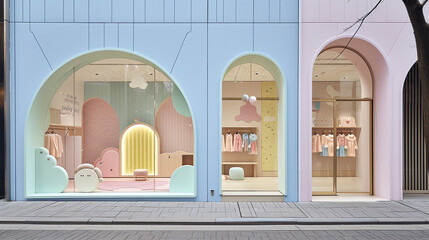 A designer children's clothing boutique with a whimsical, pastel-colored facade 