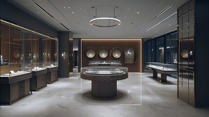 A designer jewelry boutique with a secure, vault-like entrance and discreet, luxury branding 