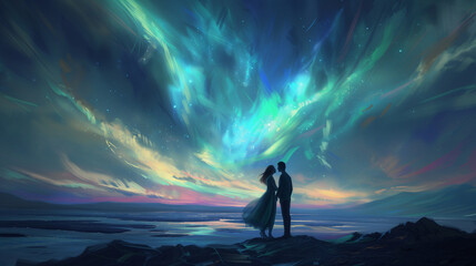 Silhouettes of a man and woman couple in love