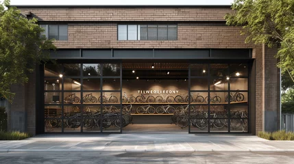 Afwasbaar Fotobehang Motorfiets A high-end bicycle shop with a modern, industrial facade and custom bike displays 