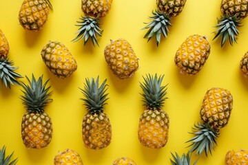 Pattern with bright pineapples on yellow background. Top View. Copy Space. Minimal style. Pop art...