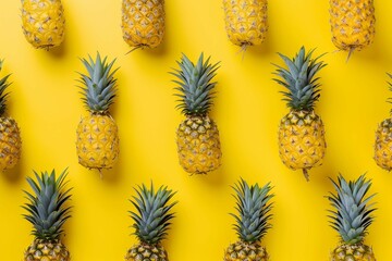 Pattern with bright pineapples on yellow background. Top View. Copy Space. Minimal style. Pop art...