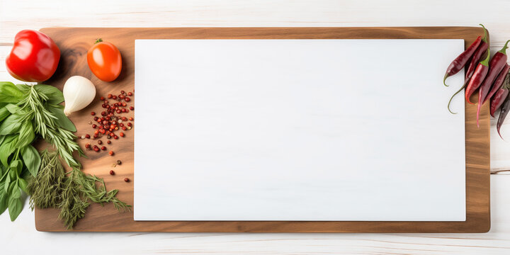 Vacant mockup rustic wooden cutting board featuring a bordered design frame, surrounded by fresh ingredients. Vegan display presented on a well-lit white modern kitchen backdrop.