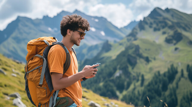 A young cheerful male traveler carries a backpack with things, uses a phone, a smartphone. A tourist leads an active healthy lifestyle, uses mobile Internet while hiking