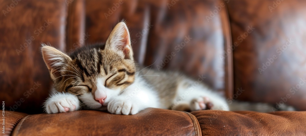 Poster tranquil and contented tabby cat peacefully napping on couch with ample space for text or design