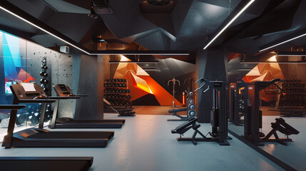 A high-end fitness equipment shop with a dynamic, angular design and motivational graphics 