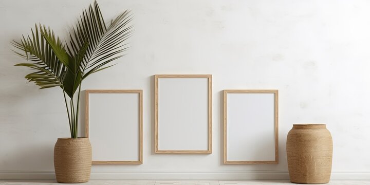 Wooden picture frames, canvas mockups, grey tiles floor. Still life with dry palm leaf in vase. Minimal interior design with white wall, old doors background. Home decor.