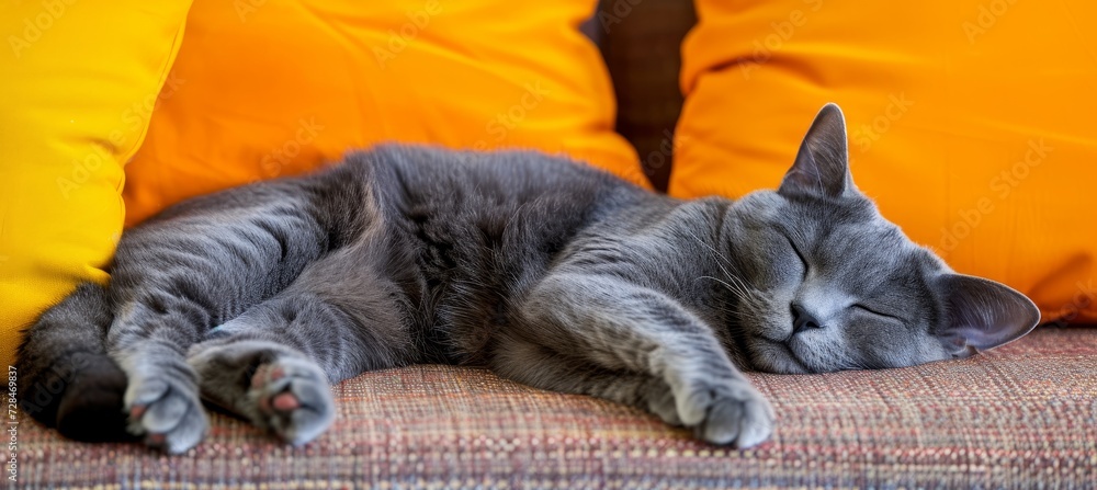 Poster serene tabby cat napping on couch with space for adding text, ideal for pet or relaxation concepts