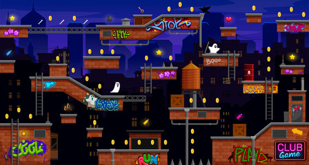 Arcade roof game level map interface. Graffiti and golden coins, roof platforms and metal stairs, ghosts and traps. Vector 2d night urban cityscape location with jumping islands, ladders and monsters © Vector Tradition
