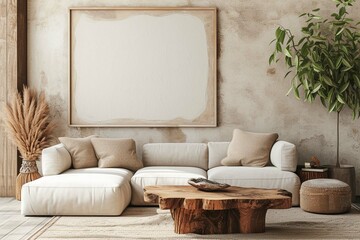 Rustic sofa and live edge coffee table against beige wall with big empty mock up poster frame. Scandinavian home interior design of modern living room in farmhouse.