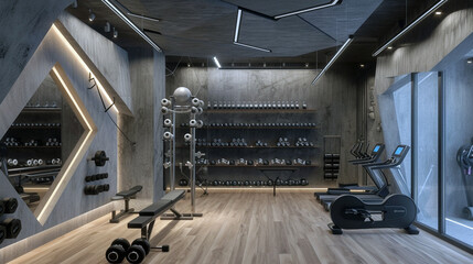 A high-end fitness equipment shop with a dynamic, angular design and motivational graphics 