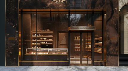 A high-end gourmet chocolate shop with a decadent, brown facade and gold leaf detailing 