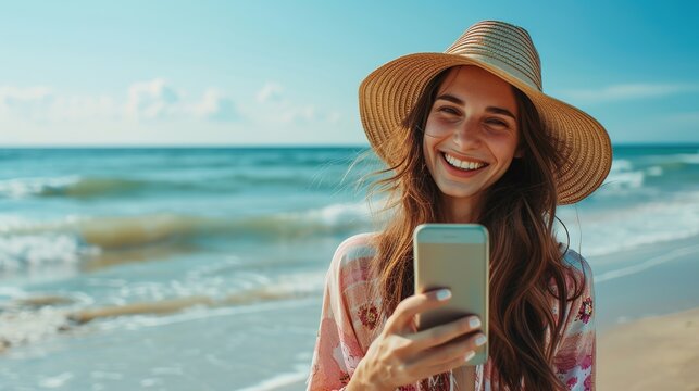 A beautiful young girl in a straw hat uses a phone, a smartphone application against the background of the beach and sea. Mobile communications and Internet while traveling.