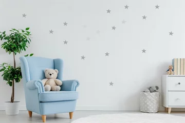 Foto op Canvas Small light blue armchair for kid standing in white room interior with stars on the wall, white rug and cupboard with books, teddy bear and fresh plant. Empty space for your crib © Areesha