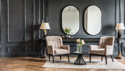Classic black modern interior empty room with lounge armchairs, table and mirrors.