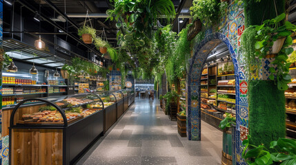 Fototapeta na wymiar A high-end gourmet food market with a vibrant, mosaic-tiled entrance and lush hanging plants 