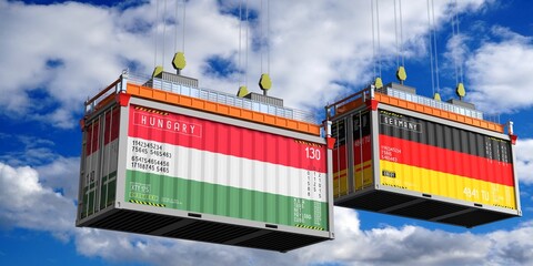Shipping containers with flags of Hungary and Germany - 3D illustration