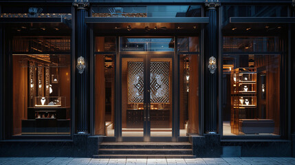 A high-end jewelry store front with intricate metalwork and discreet security cameras, bathed in...