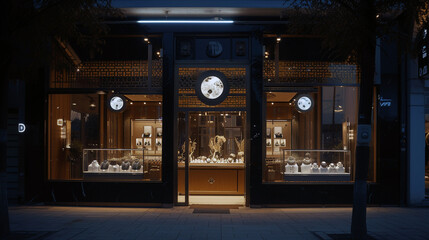 A high-end jewelry store front with intricate metalwork and discreet security cameras, bathed in moonlight  - obrazy, fototapety, plakaty