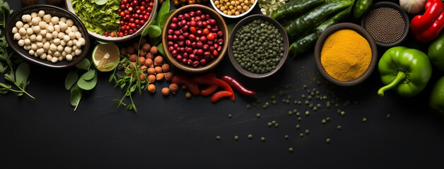 Photograph of different types of fresh vegetables on manner in black background