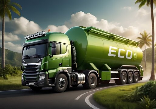 Eco fuel truck in the middle of nature. Bio fuel production concept. Eco-friendly, sustainable and alternative energy.
