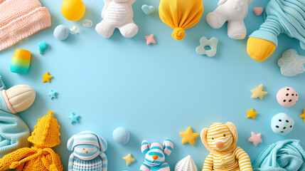 Flat lay composition top view of kids clothes and dresses with empty space at center for children products advertising, pastel color background
