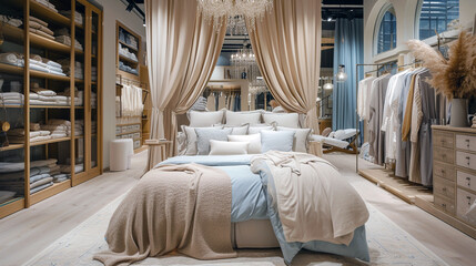 A luxury bedding store with a soft, dreamy facade and a display of plush, inviting beds  - obrazy, fototapety, plakaty