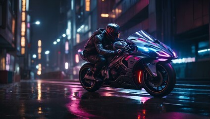 A fast train inside a modern city with a sports motorcycle, two racers in a night frame, and professional lighting in cyberpunk colors.