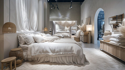 A luxury bedding store with a soft, dreamy facade and a display of plush, inviting beds 