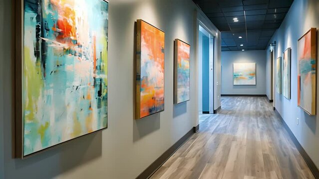 A hallway in an office with a series of abstract paintings hung on the walls showcasing different patterns and textures in a cohesive and artistic way.