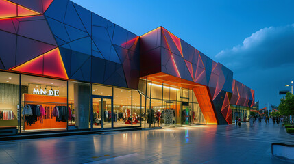 A luxury fashion outlet with a bold, geometric facade and dynamic LED lighting at dusk  - obrazy, fototapety, plakaty
