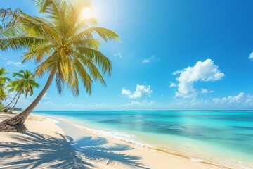 Fototapeta na wymiar Sunny tropical Caribbean beach with palm trees and turquoise water, Caribbean island vacation, hot summer day