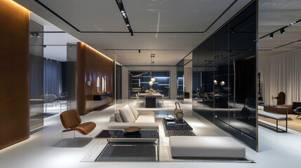 A luxury home decor boutique with a modern, sleek design and interactive window displays  - obrazy, fototapety, plakaty