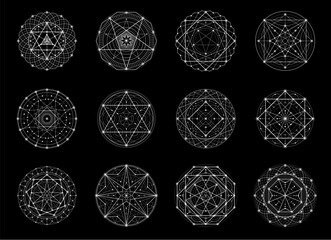 Sacred geometry, esoteric, magic and alchemy vector symbols of myth and meditation pentagram. Spiritual tattoo shapes of sacred geometry and esoteric occult pentagrams or star pentacles with pyramid