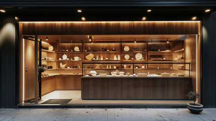 A luxury kitchenware shop with a cozy, wooden facade and inviting, warm lighting  - obrazy, fototapety, plakaty