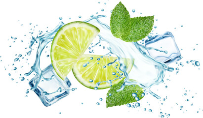 Mojito, ice cubes, lime fruit, realistic water splash and mint leaves, vector 3d drink. Lemon juice and soda cocktail wave flow with fresh green leaves, frozen ice blocks, citrus slices and drops