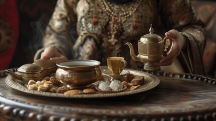 Traditional Muslim woman serving Turkish coffee and delicious desserts at home