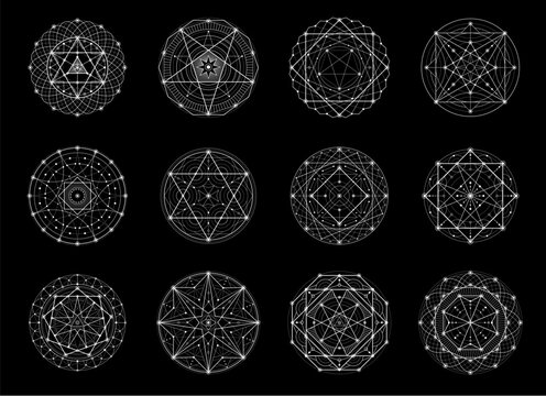 Sacred geometry, esoteric, magic and alchemy vector symbols of myth and meditation pentagram. Spiritual tattoo shapes of sacred geometry and esoteric occult pentagrams or star pentacles with pyramid