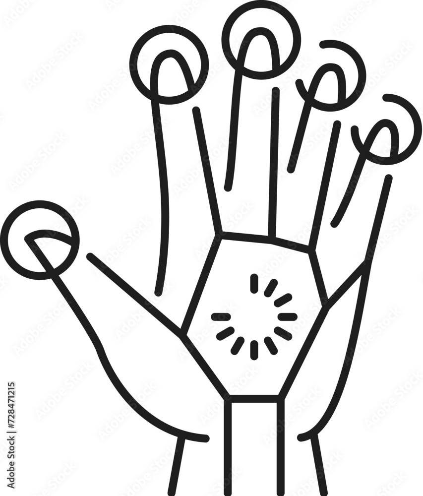 Poster finger geometry recognition outline icon, depicts a hand with unique finger patterns, symbolizing se