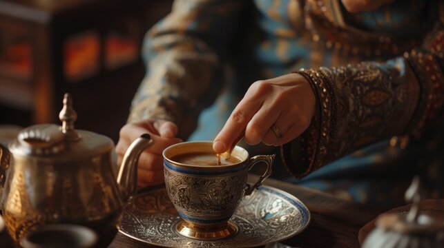 Traditional Muslim woman serving Turkish coffee and delicious desserts at home