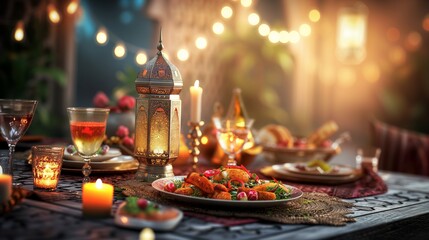 Ramadan Kareem Iftar table with festive traditional Arab dishes