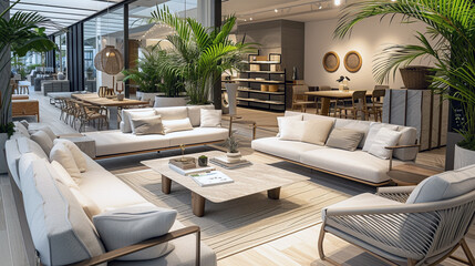 A luxury outdoor furniture showroom with an open, airy design and elegant, minimalist pieces 