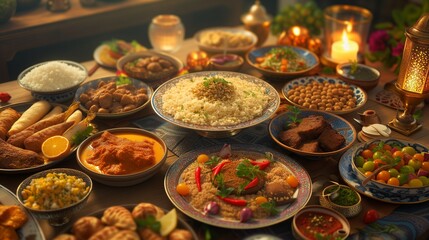 Ramadan Kareem Iftar table with festive traditional Arab dishes