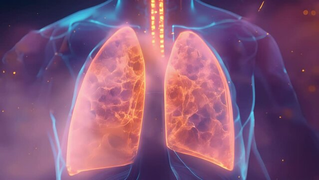 A hologram of the human respiratory system displays the lungs and their functions including the exchange of oxygen and carbon dioxide.