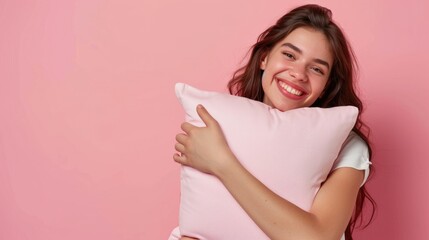World Sleep Day. Beautiful girl hugging pillow. Healthy night sleep concept. Bedding store banner template